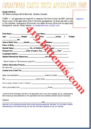 CANDLEWOOD SUITES HOTELS FOREIGN WORKERS EMPLOYMENT APPLICATION FORM